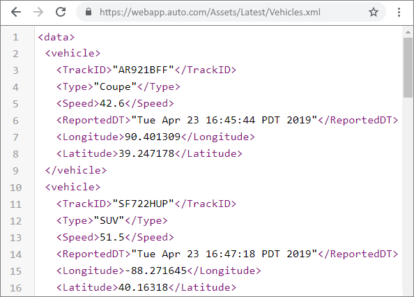 XML data structure with event records organized using a hierarchy of XML tags, element, and attribute values