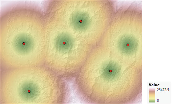 Map of straight-line distance from six points