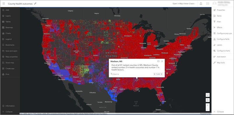 County health outcomes map in the new Map Viewer with the Contents and Settings toolbars displayed