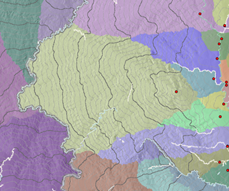 Accumulative cost surface with contour lines in 2D